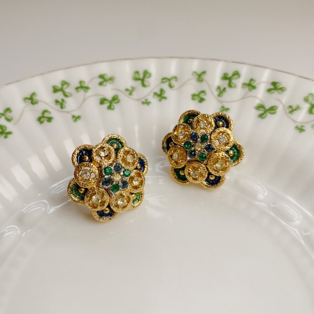 Vintage Joel Gold Blue Green Enamel Flower Rhinestone Round Ornate Clip Earrings
